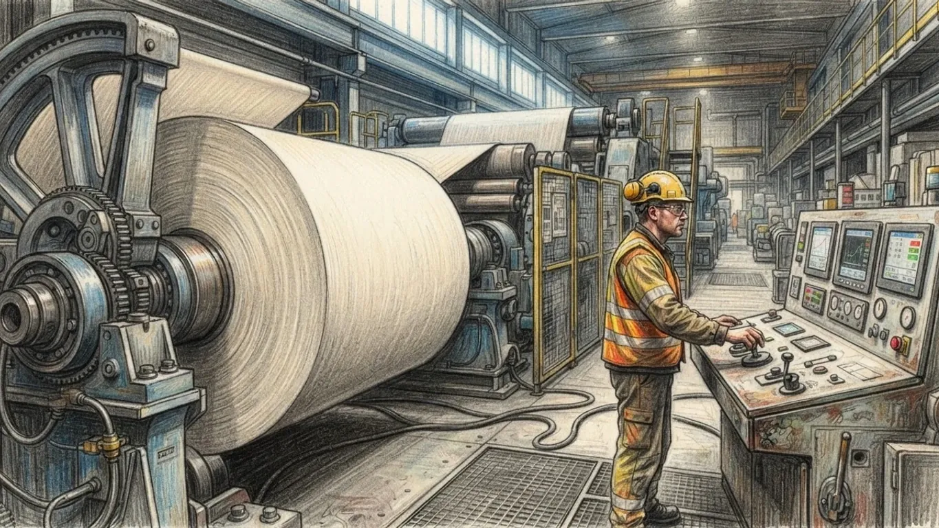 A coloured pencil drawing of the dry end of a paper machine: a huge reel winding a pale web of paper beside guarded rollers, an operator in a yellow hard hat, ear defenders and a high-visibility vest with his hands on the control desk.