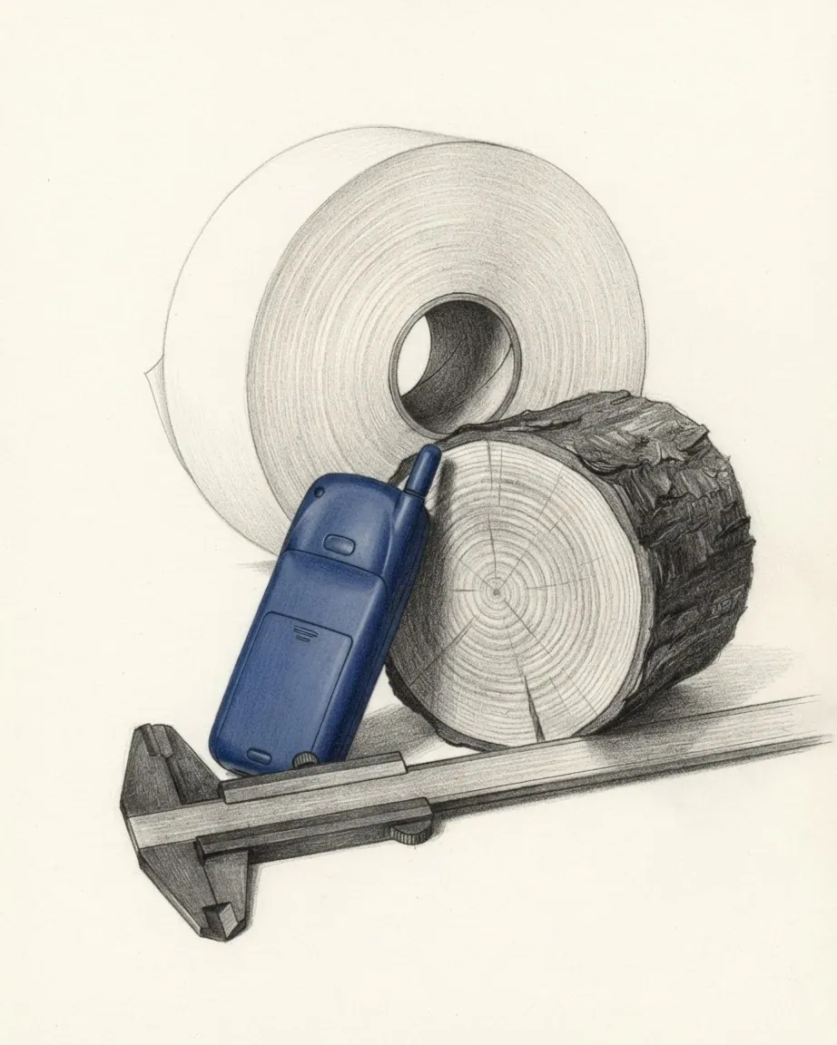 A graphite still life: a thick roll of paper, the sawn end of a spruce log with its bark and growth rings, a blue 1990s mobile phone lying face down with its stubby aerial, and a steel caliper across the front.