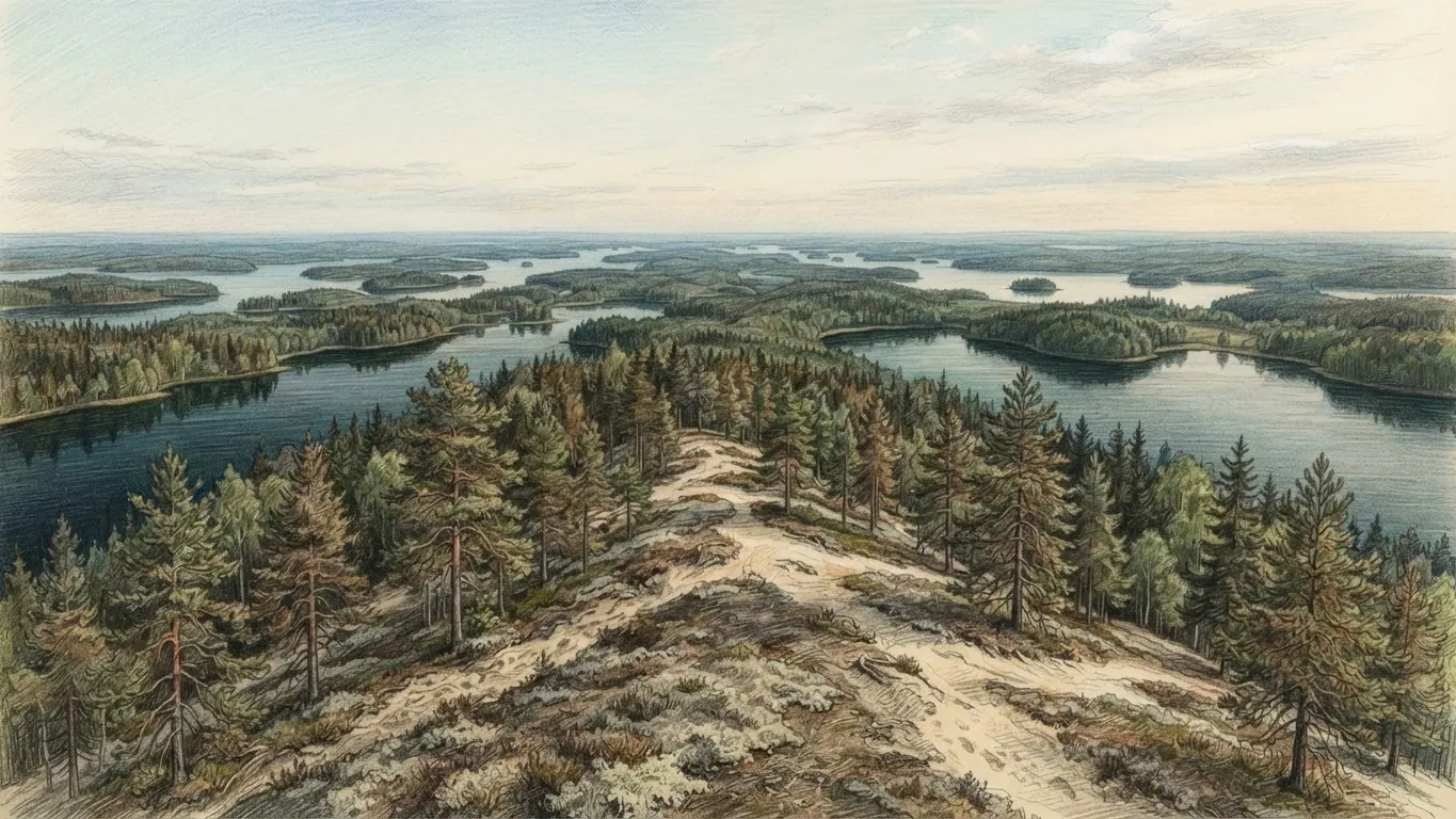 A coloured pencil drawing of a pine-covered ridge running out between two lakes, seen from its crest, with forested islands and further lakes stretching to a low horizon.