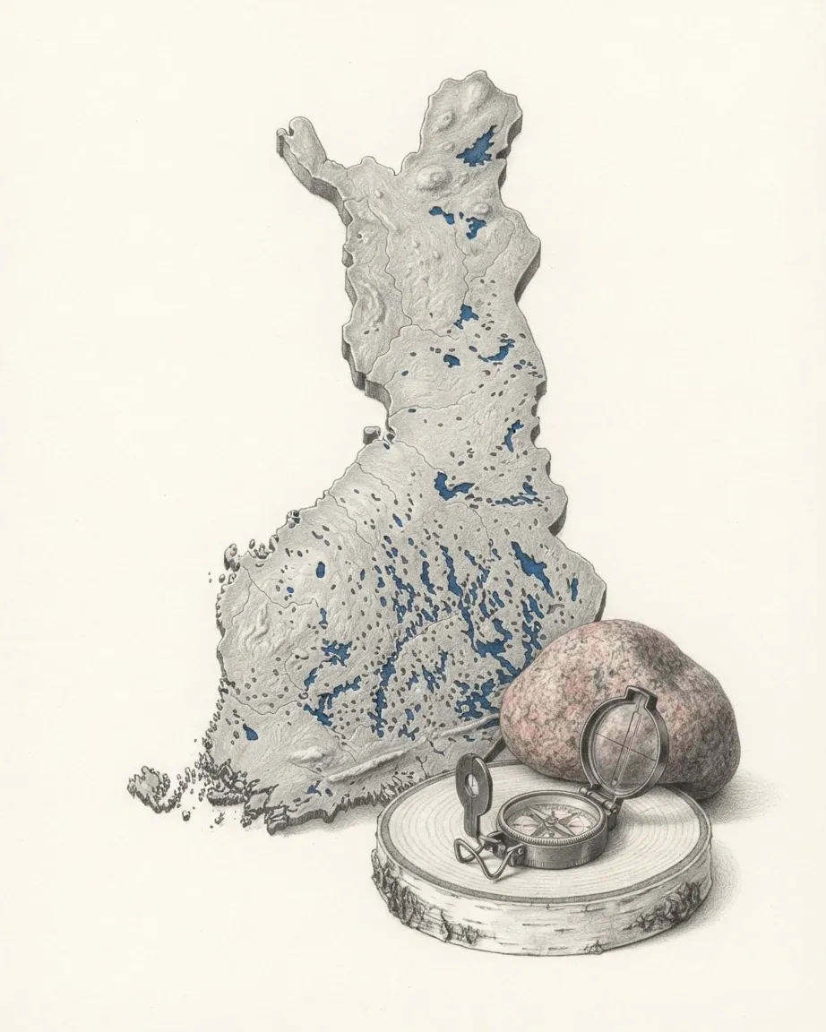 A graphite still life: a cast relief model of Finland with its thousands of lakes laid in blue, a rounded boulder of pink granite, and a brass compass open on a sawn birch disc.