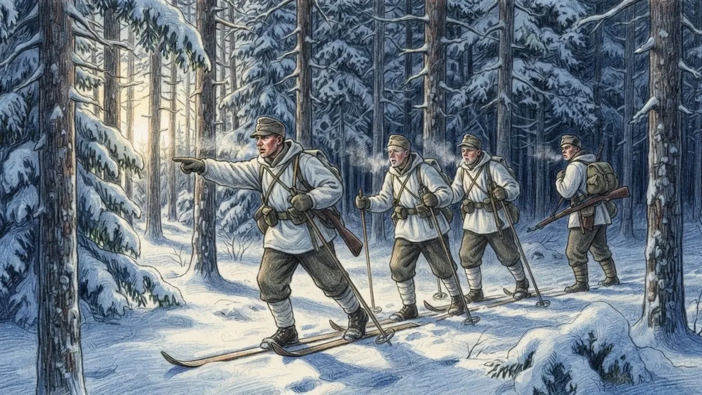 A coloured pencil drawing of a Finnish ski patrol in white snow smocks setting off in single file through a snowbound pine forest, the leader pointing ahead, rifles slung and breath steaming in low winter sun.