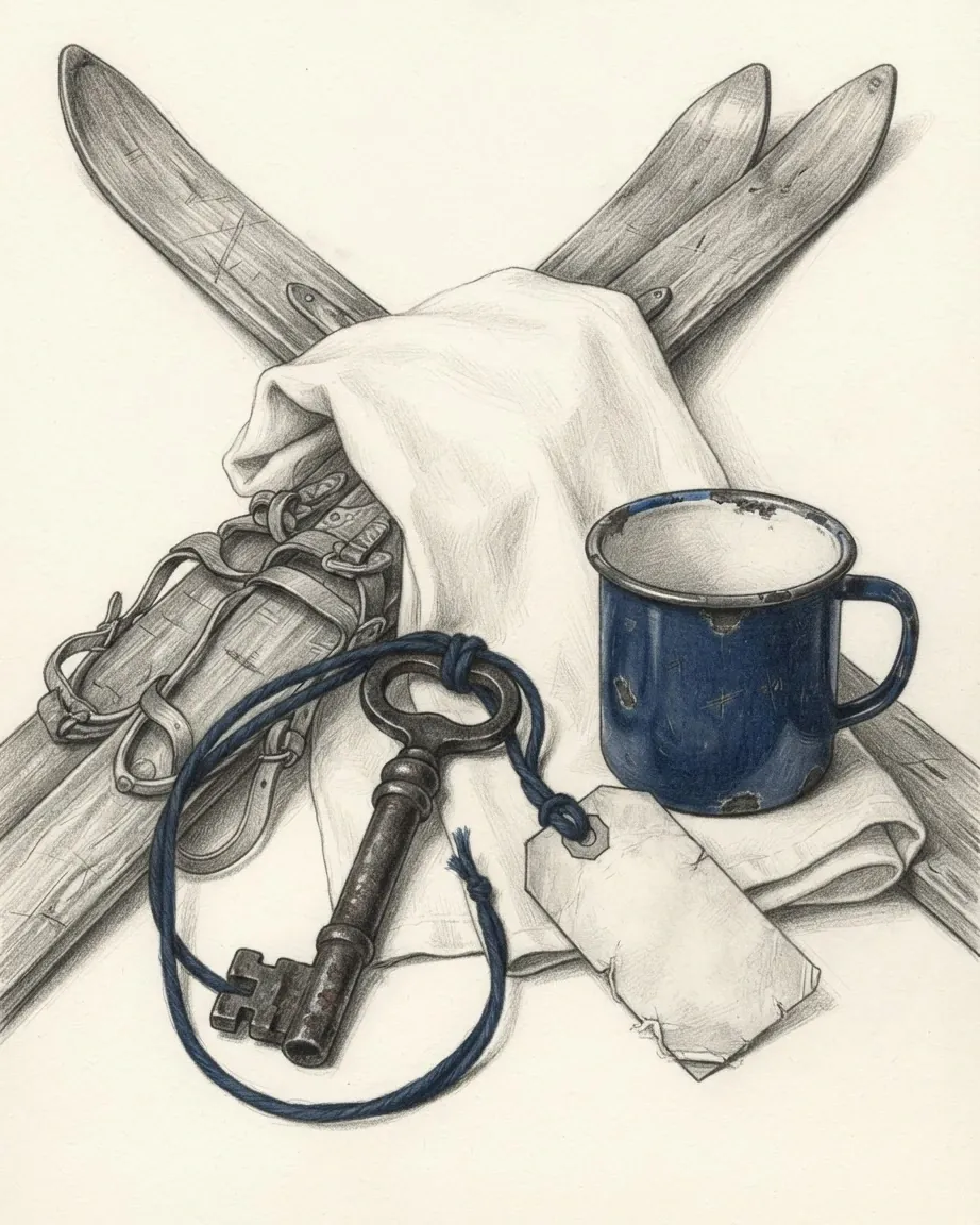 A graphite still life: a pair of crossed wooden military skis with leather bindings, a white canvas snow smock folded over them, an old iron house key on a blue cord with a blank cardboard tag, and a chipped blue enamel mug.