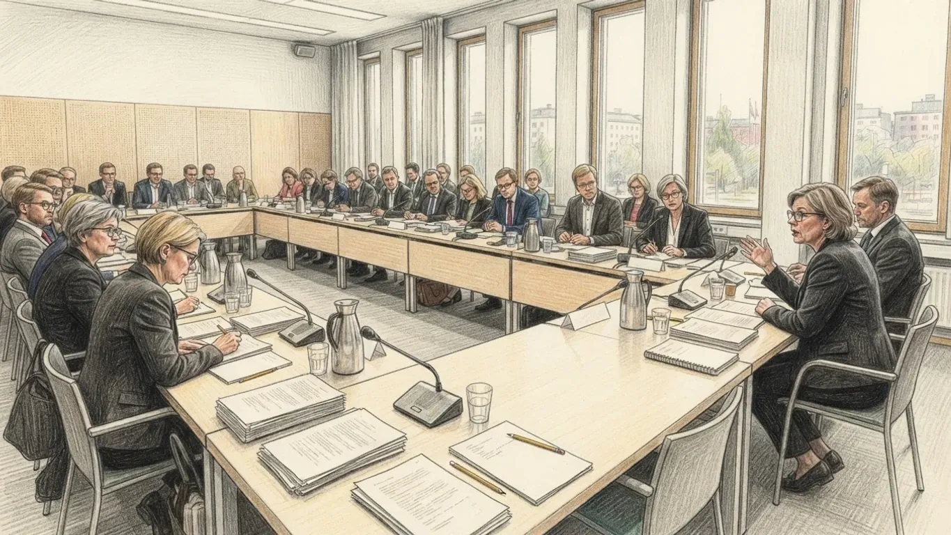 A coloured pencil drawing of a parliamentary committee hearing: members in dark suits seated along long pale birch tables with papers, water jugs and microphones, a woman speaking with one hand raised, tall windows along the wall.