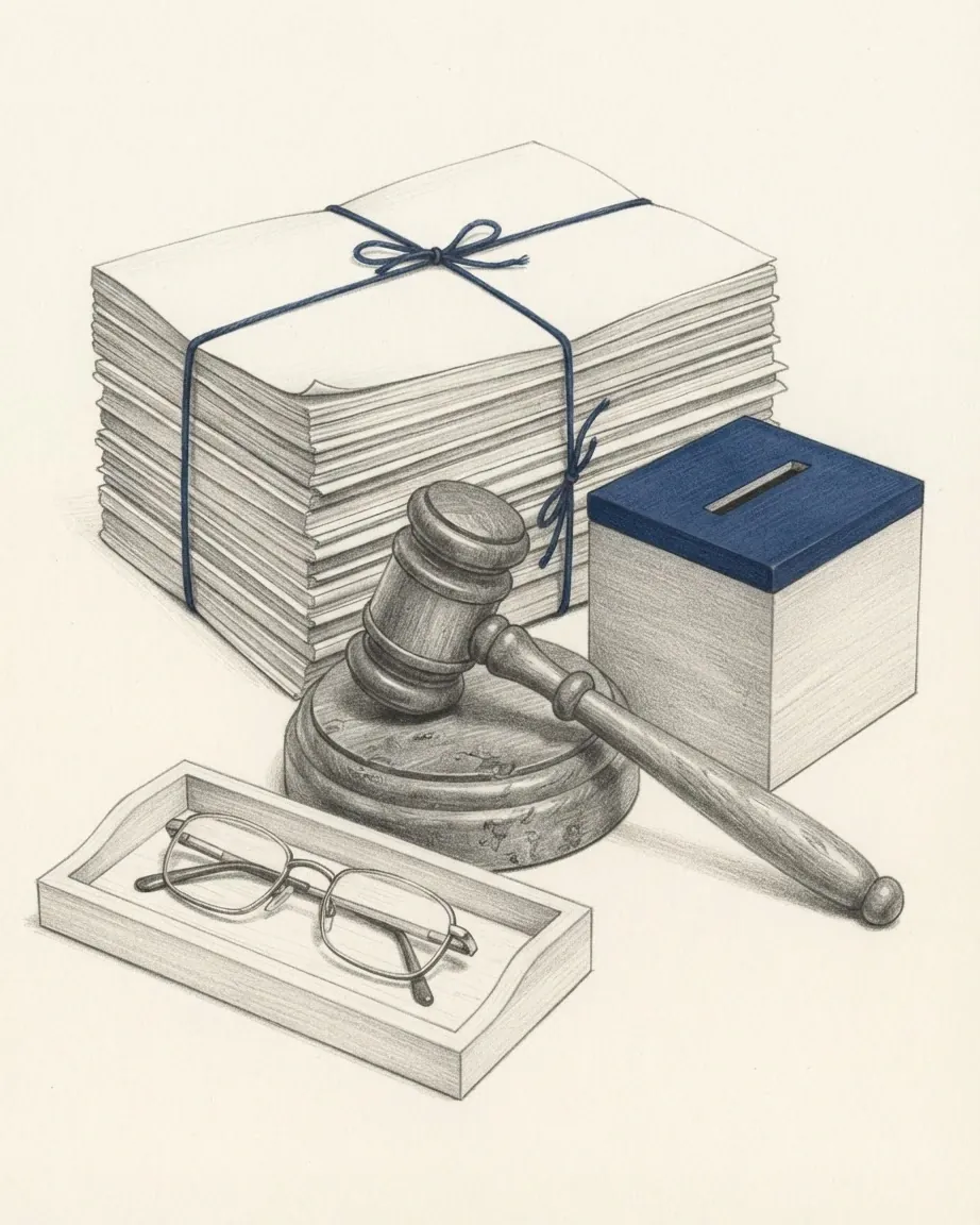A graphite still life: a wooden gavel on its round block, a tall stack of papers tied crosswise with blue string, a small wooden ballot box with a blue slotted lid, and folded reading glasses in a pale wooden tray.