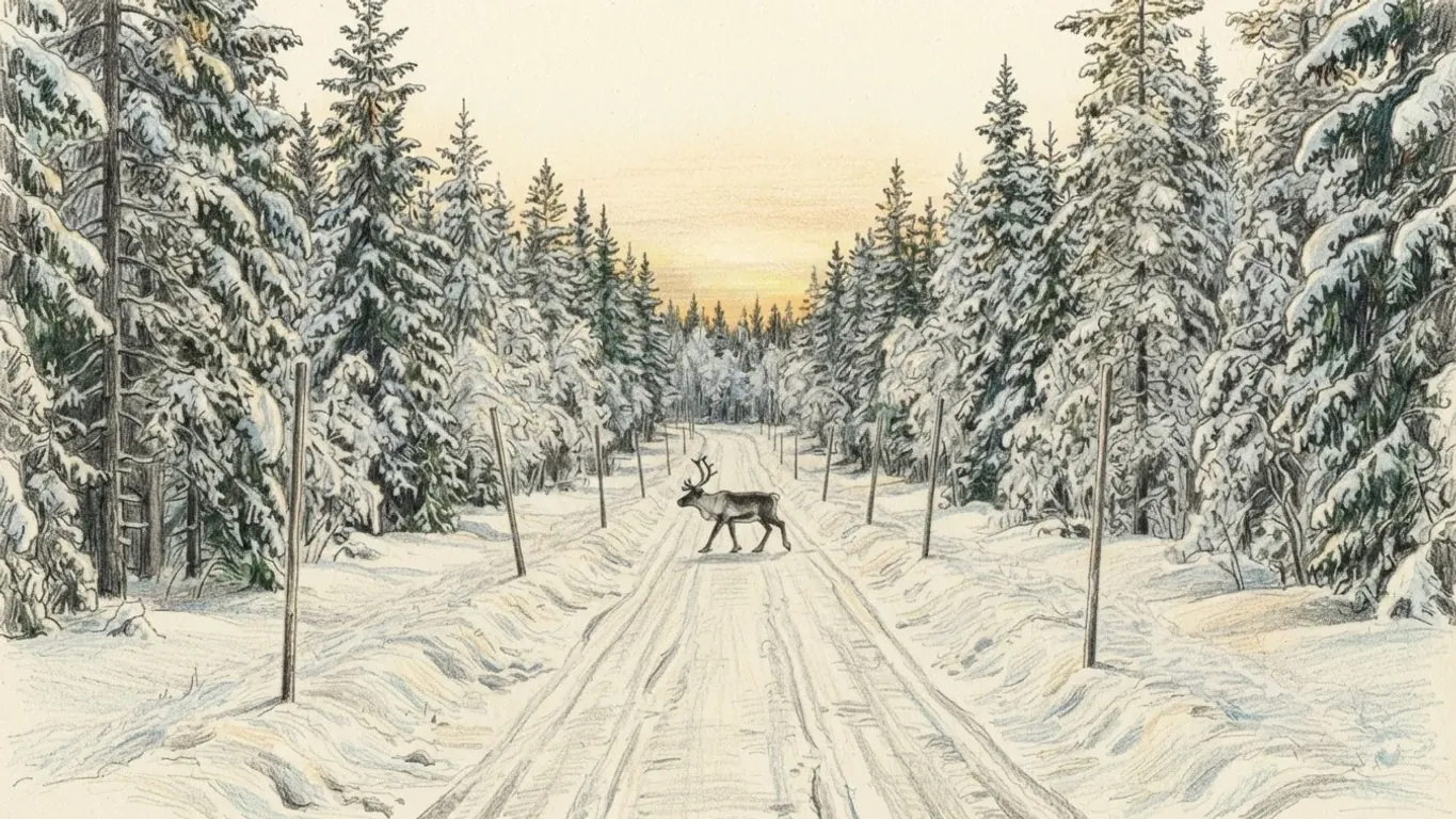 A coloured pencil drawing of a snow-covered forest road in Lapland looked along between tall spruces and marker poles, a reindeer crossing it under a low orange winter sun.
