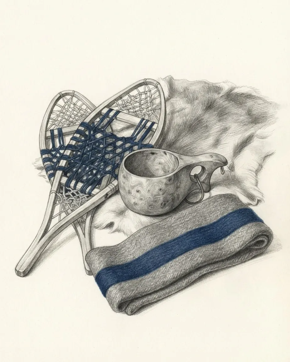 A graphite still life: a pair of wooden snowshoes laced with blue cord, a carved birch-burl cup with a loop handle, a reindeer hide, and a folded grey wool blanket with a blue stripe.