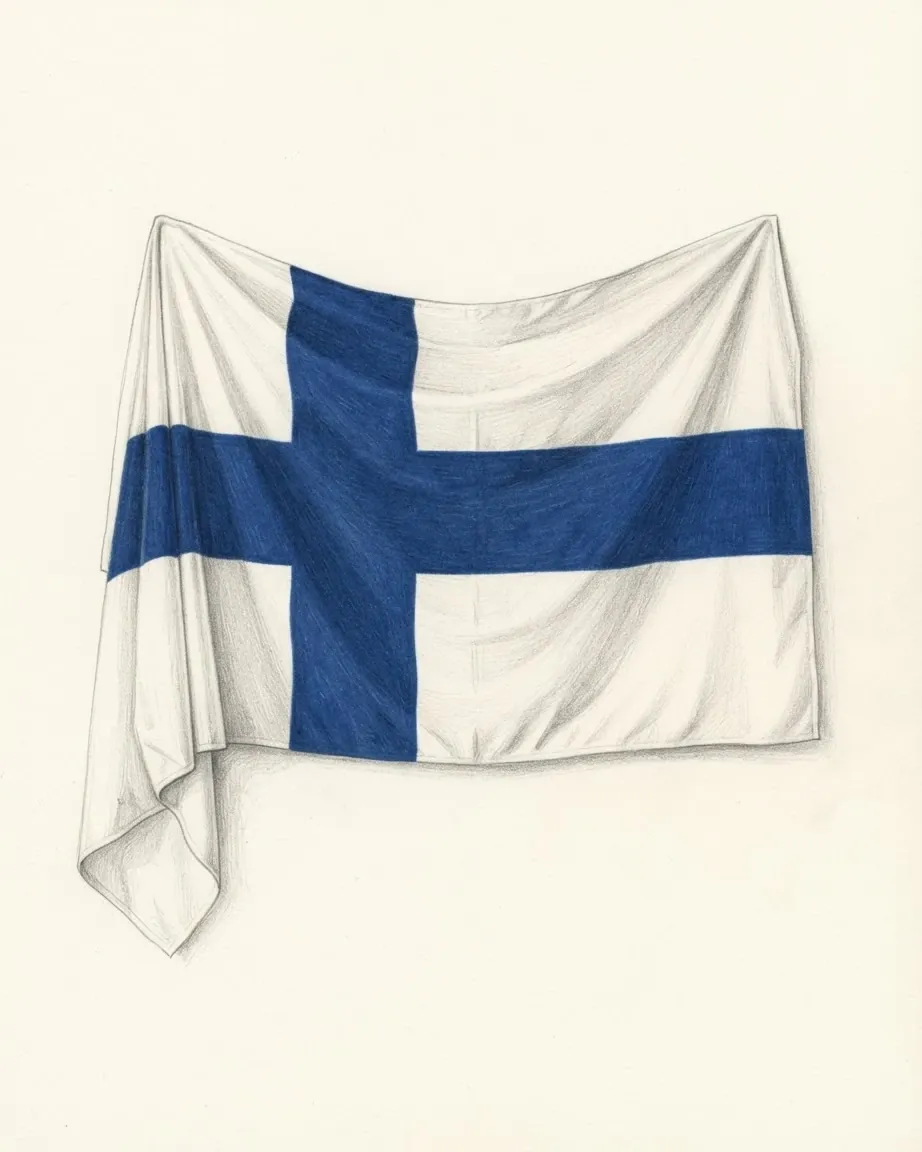 The flag of Finland drawn as cloth hanging in soft folds, a blue Nordic cross on a white field with its upright set towards the hoist and one corner of the cloth falling loose.
