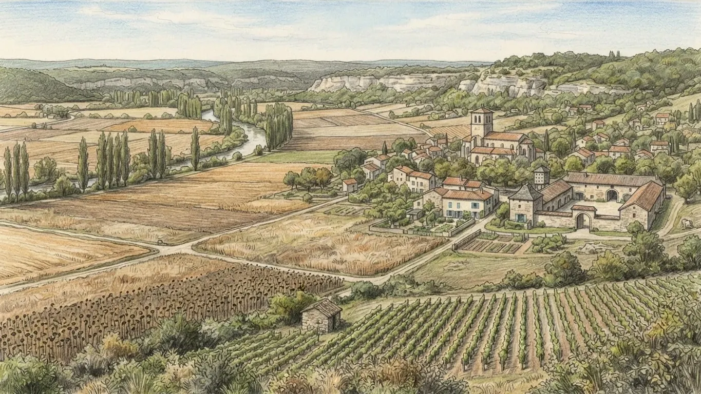 A coloured pencil drawing of a French river valley: a village of pale stone houses and a church among wheat fields, sunflowers and vineyards, limestone cliffs along the far side.