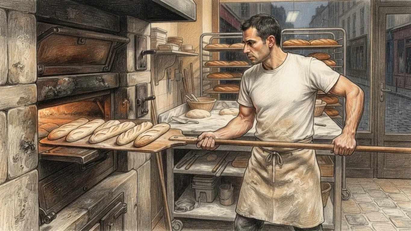 A coloured pencil drawing of a baker sliding a peel of baguettes out of a stone oven, racks of loaves beside him.