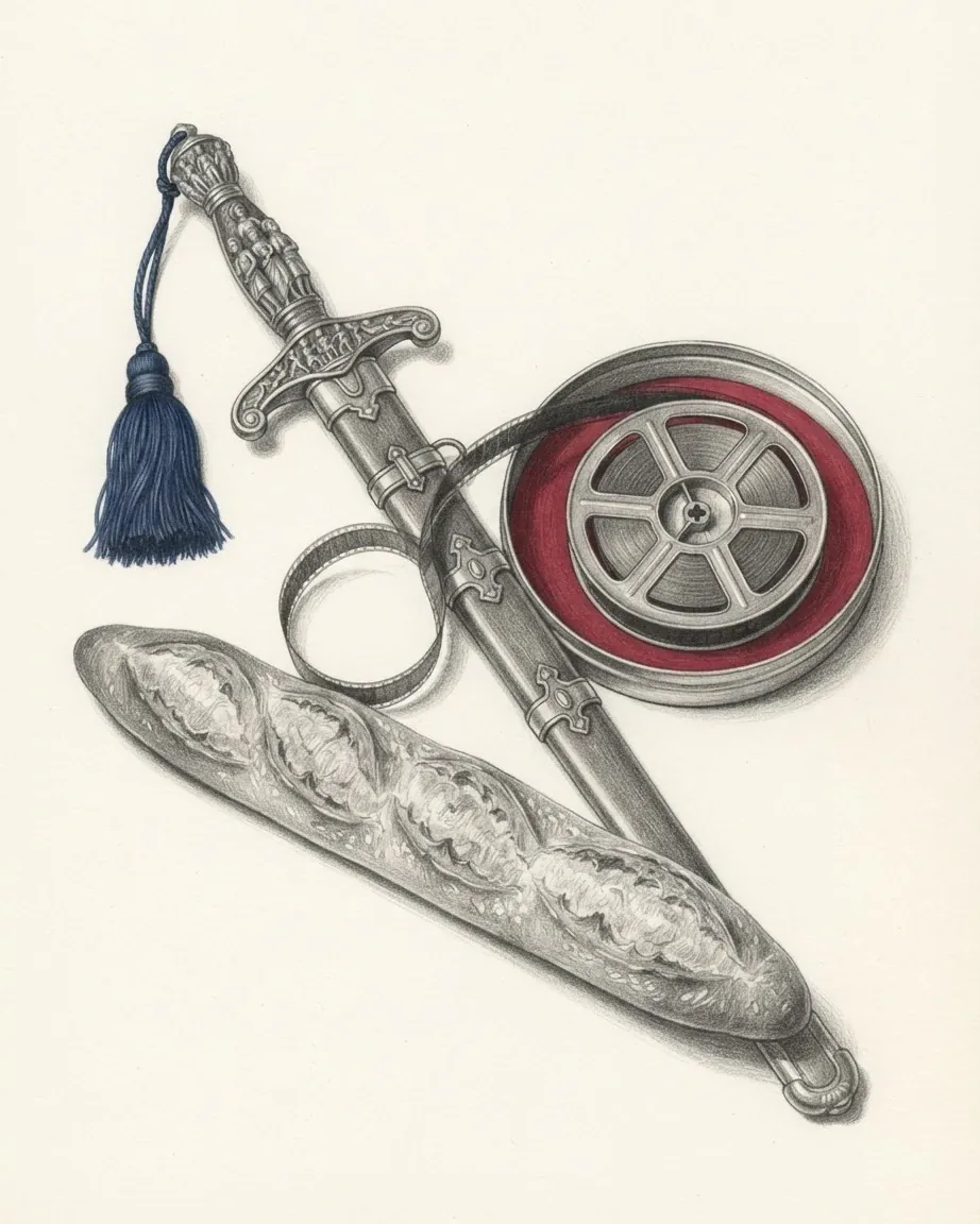 A graphite still life: a baguette, a sword with a blue tassel, a pair of scissors and a film reel in a red can.