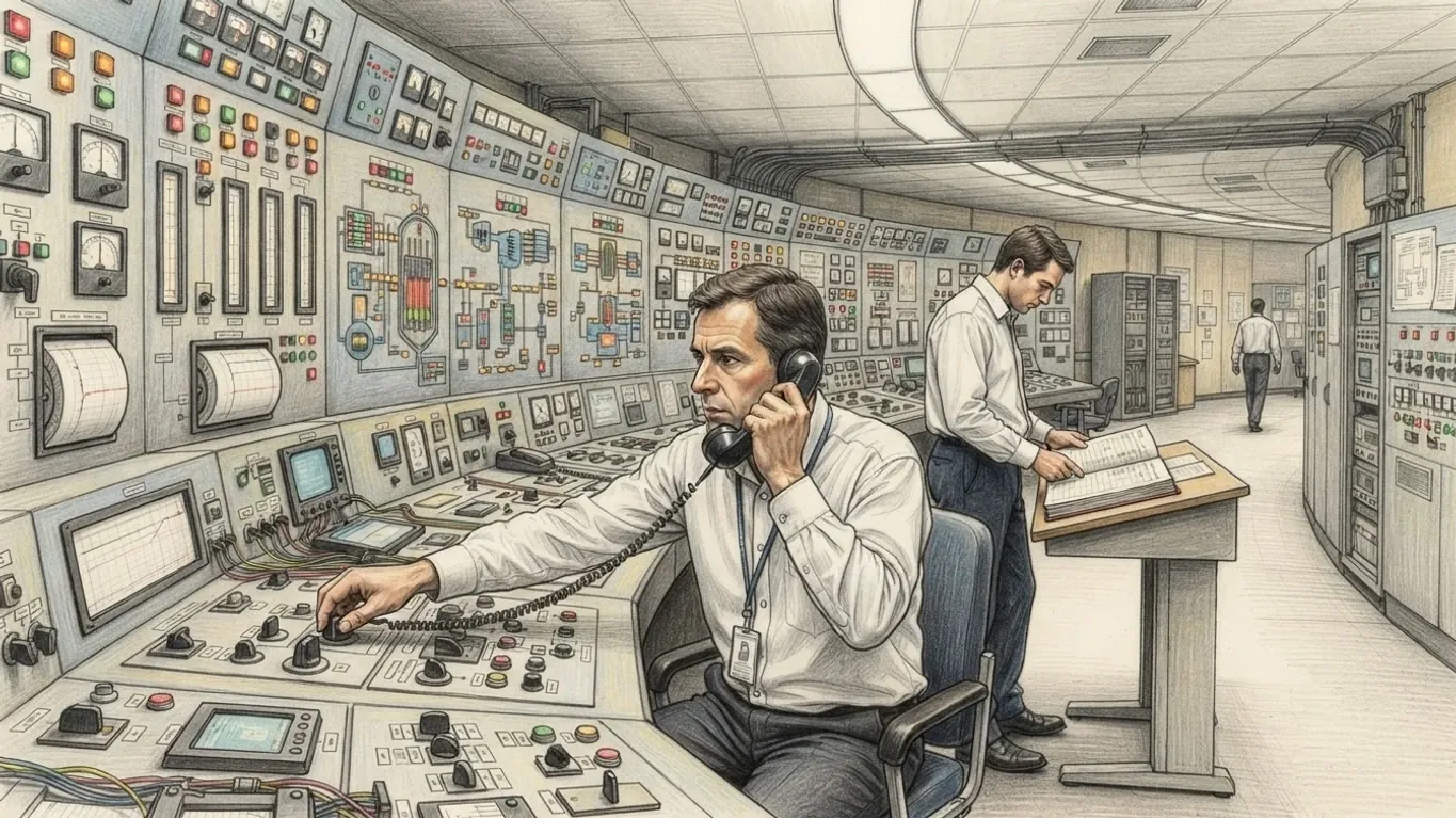 A coloured pencil drawing of the control room of a nuclear power station: an operator on the telephone at a desk of dials and switches, a colleague reading a manual behind.