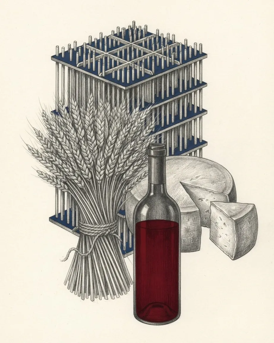 A graphite still life: a blue grid of fuel rods standing upright, a sheaf of wheat, a bottle of red wine and a wedge of cheese.