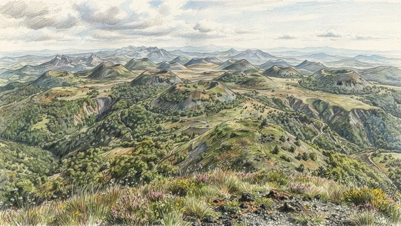 A coloured pencil drawing of the chain of old volcanic cones of the Massif Central, green domes rolling away to the horizon.