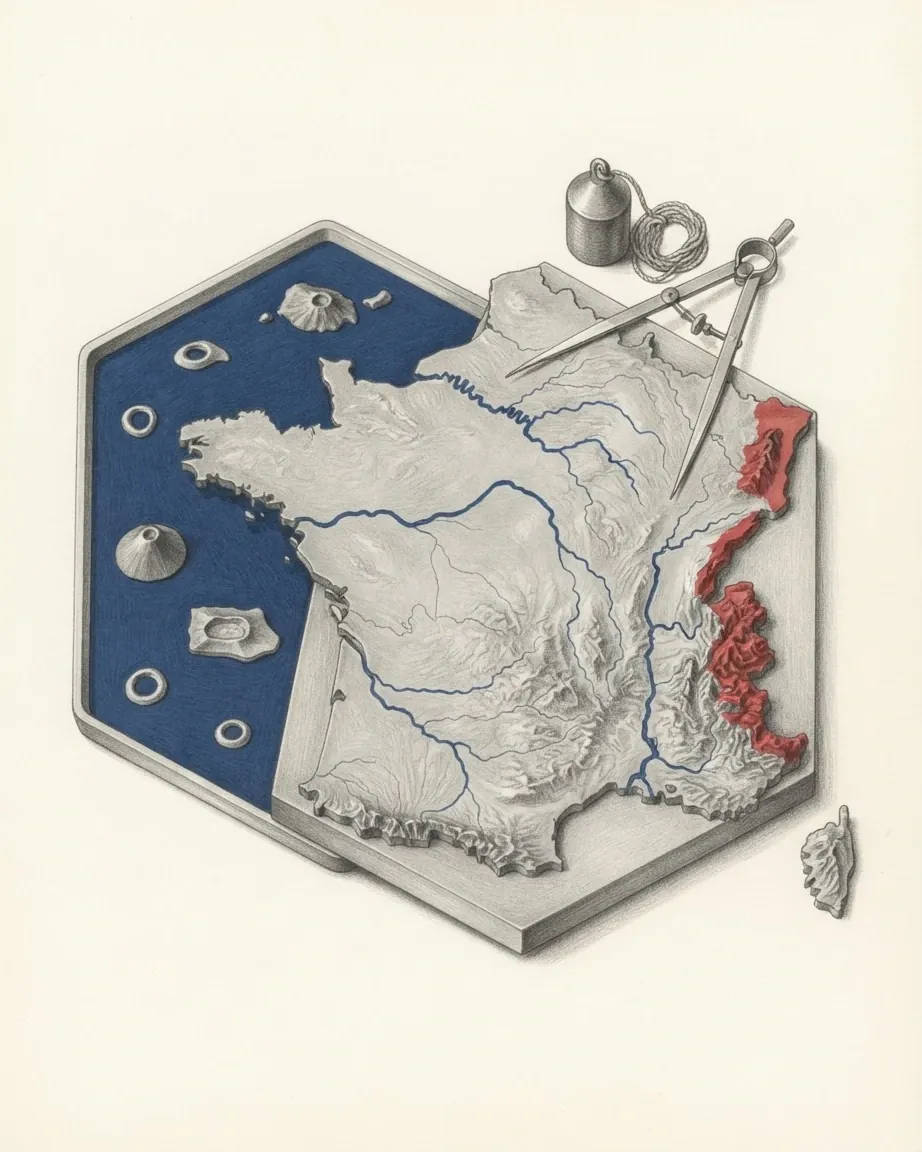 A graphite relief model of France set on a hexagonal base painted blue, the Alps coloured red along its eastern edge, with a pair of compasses and small stones.