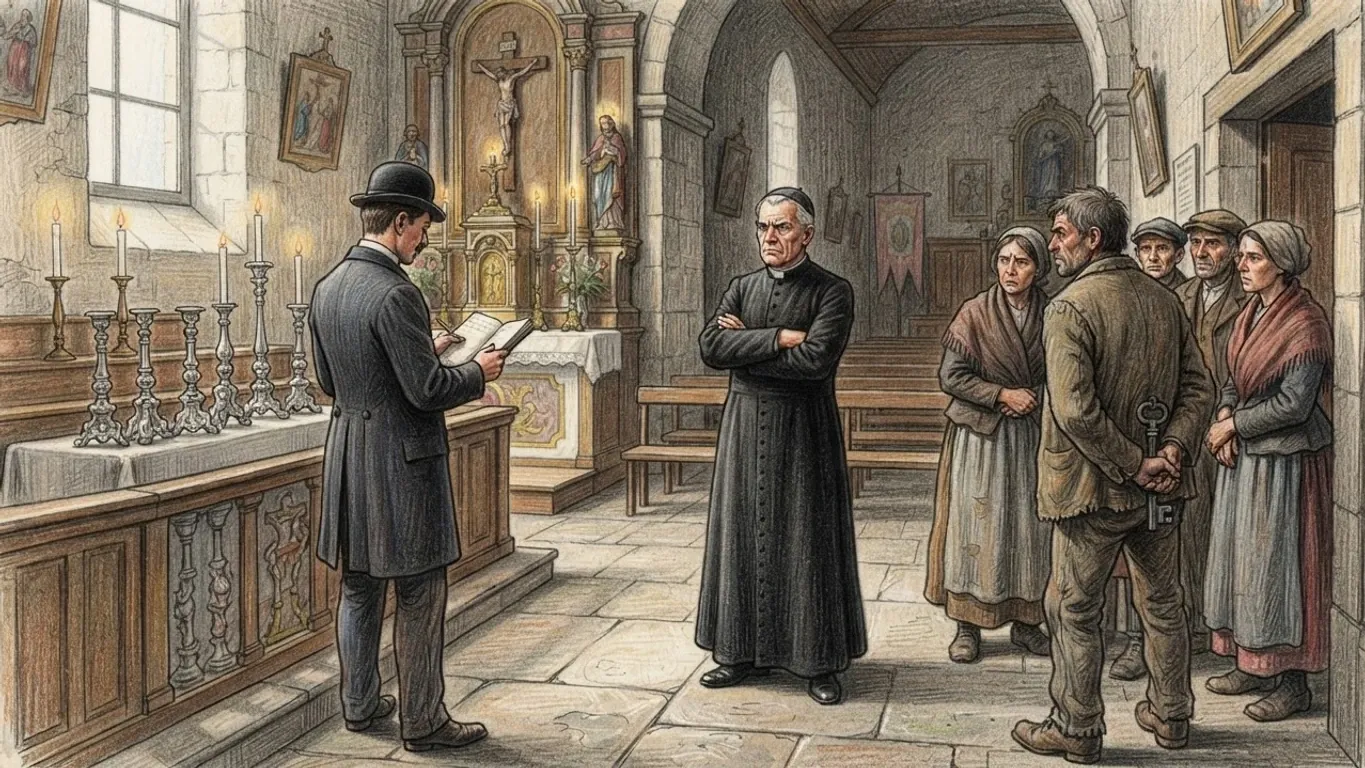A coloured pencil drawing of an official in a bowler hat reading from a paper at a church altar while a priest stands with arms folded and villagers watch from the aisle.