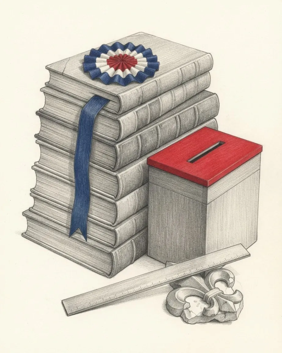 A graphite still life: a stack of bound volumes tied with a blue ribbon under a blue, white and red cockade, a ballot box with a red lid and a ruler.