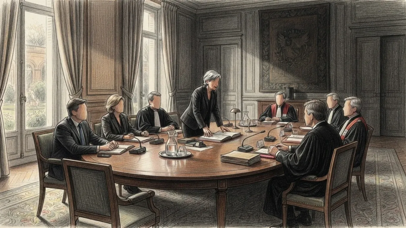 A coloured pencil drawing of a council in session round an oval table in a panelled room, members in dark suits and robes listening as one stands to speak.
