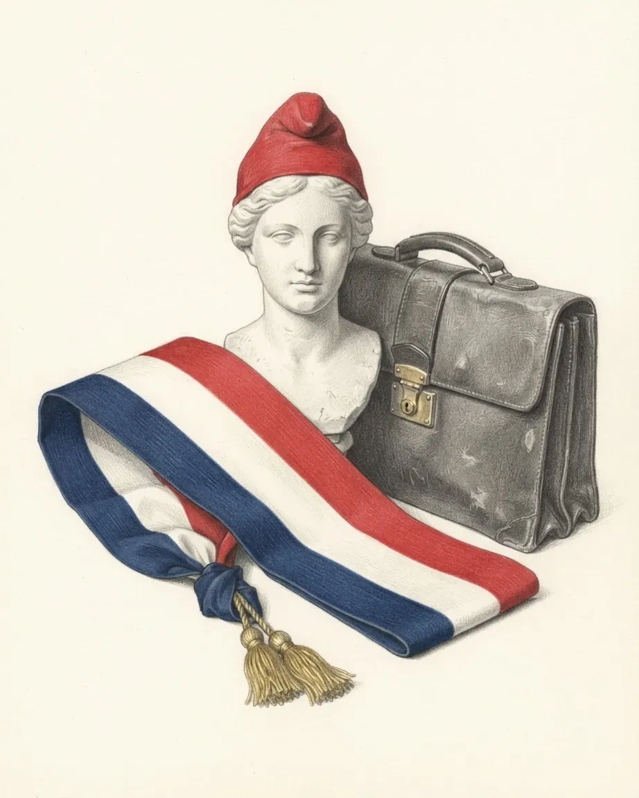 A graphite still life: a plaster bust wearing a red cap, a mayor's sash in blue, white and red with gold tassels and a worn leather briefcase.