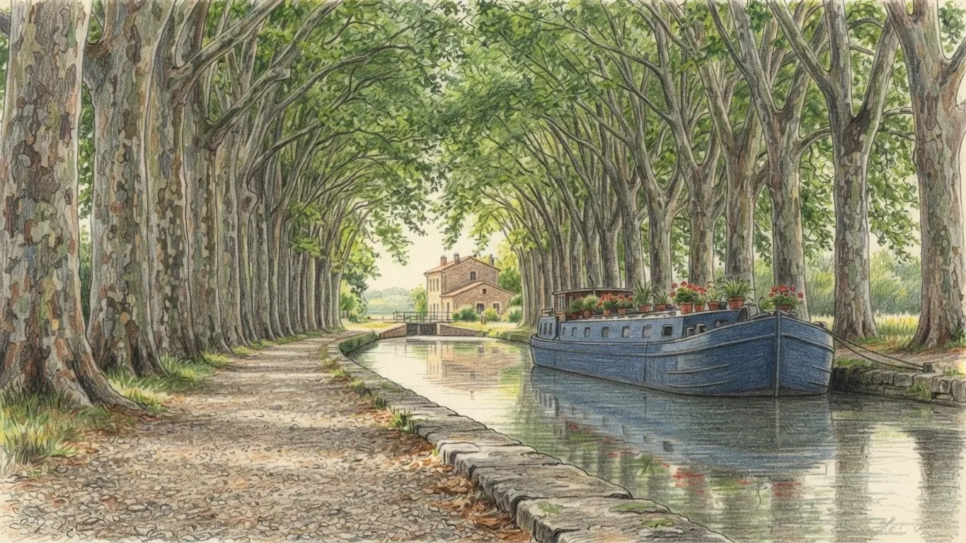 A coloured pencil drawing of a towpath under an avenue of plane trees beside a canal, a blue barge with flower pots moored near a lock and a lock-keeper's house.
