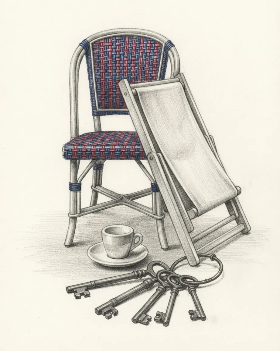 A graphite still life: a café chair with a woven blue and red seat, a folding deckchair, a coffee cup on its saucer and a ring of old keys.