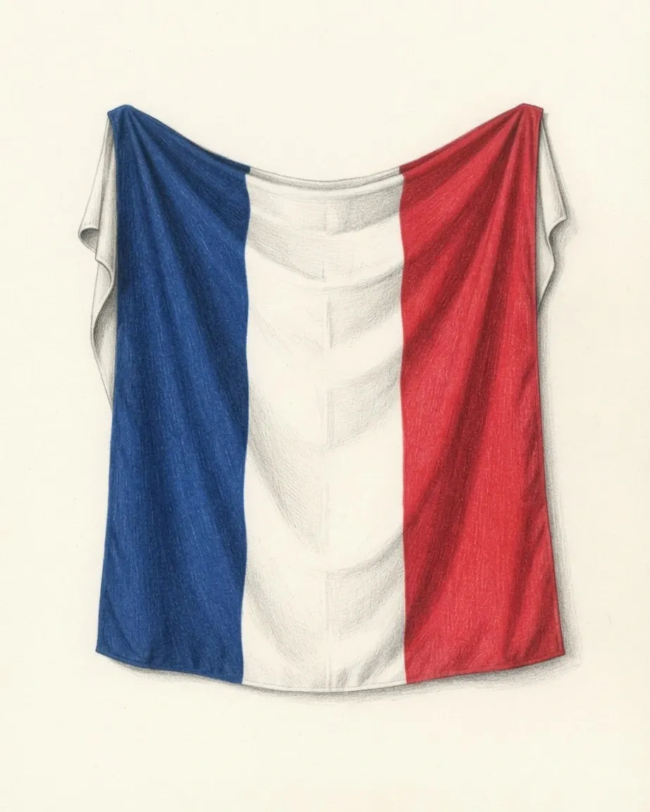 The flag of France drawn as a hanging cloth in graphite and coloured pencil, its blue, white and red vertical bands falling in folds.