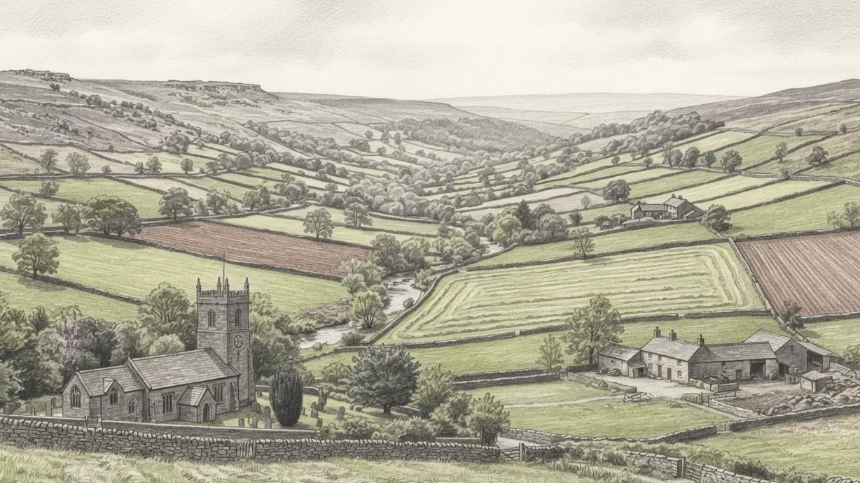 A middle-distance view across an inhabited English valley in coloured pencil over graphite. Small irregular fields of different crops, cut hay lying in rows, a ploughed field of red-brown soil and grazed pasture, divided by drystone walls that run dead straight over the shoulders of the hills regardless of gradient, with hedgerow trees standing where they grew. A parish church of grey stone with a square battlemented tower and a walled churchyard of dark yews stands to the left; a working stone farmstead with its barn and walled yard stands away to the right across the fields. A beck runs down the middle and heather moor closes the skyline.