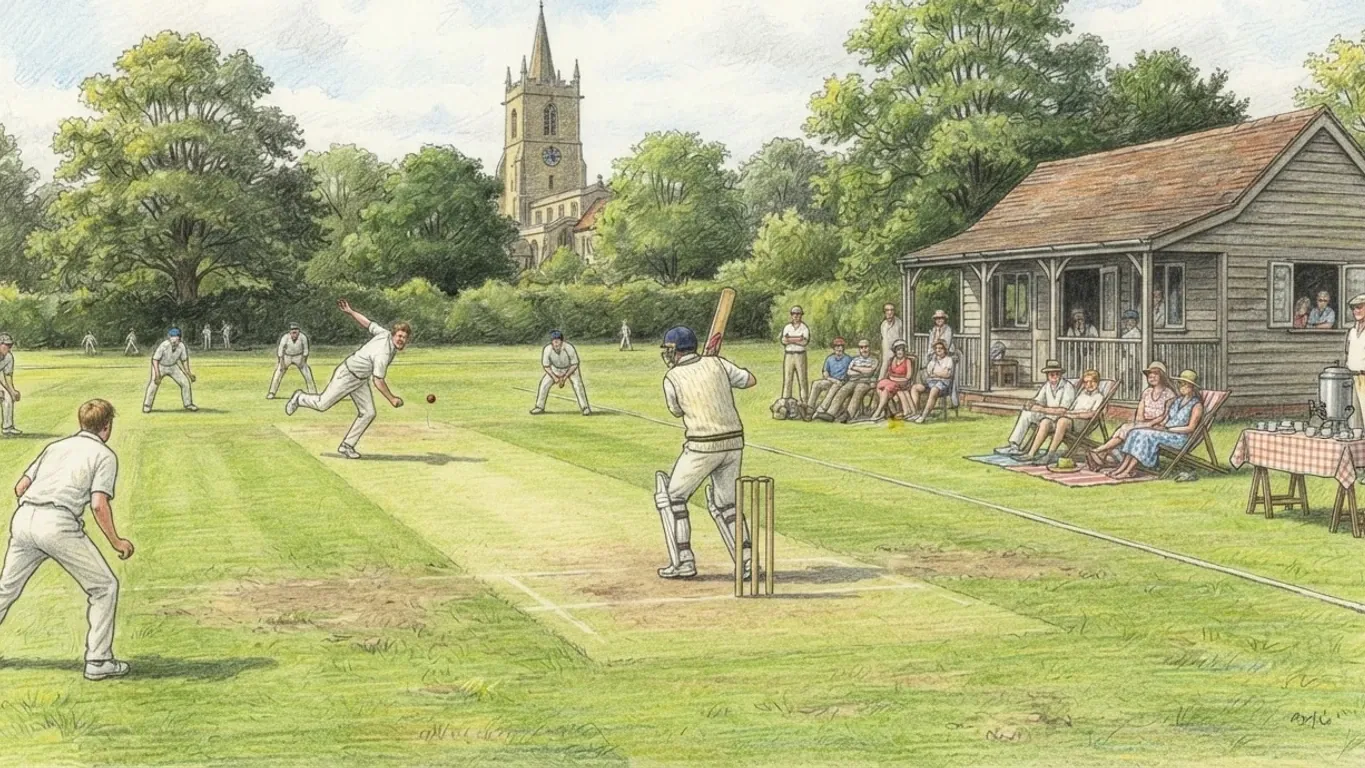 A coloured pencil drawing of a village cricket match: a batsman at the crease as the bowler runs in, a wooden pavilion with deckchairs and a church tower beyond the trees.