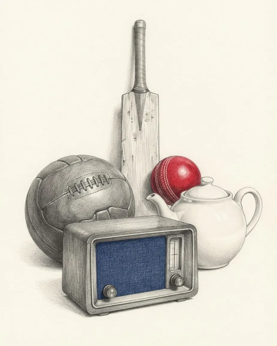 A graphite still life: a cricket bat standing behind a leather football, a red cricket ball, a white teapot and an old valve radio with a blue speaker grille.