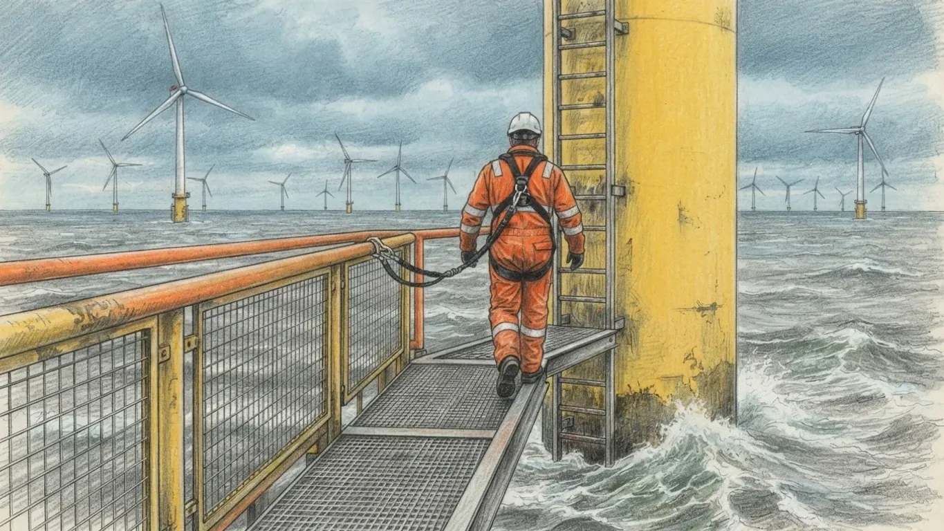 A coloured pencil drawing of a technician in an orange survival suit crossing a gangway to the yellow foundation of an offshore wind turbine, rows of turbines across the grey sea.