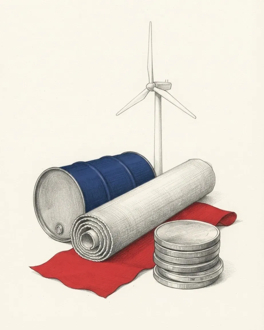 A graphite still life: a model offshore wind turbine behind a blue oil drum on its side, a bolt of cloth unrolled in red and a stack of plain coins.