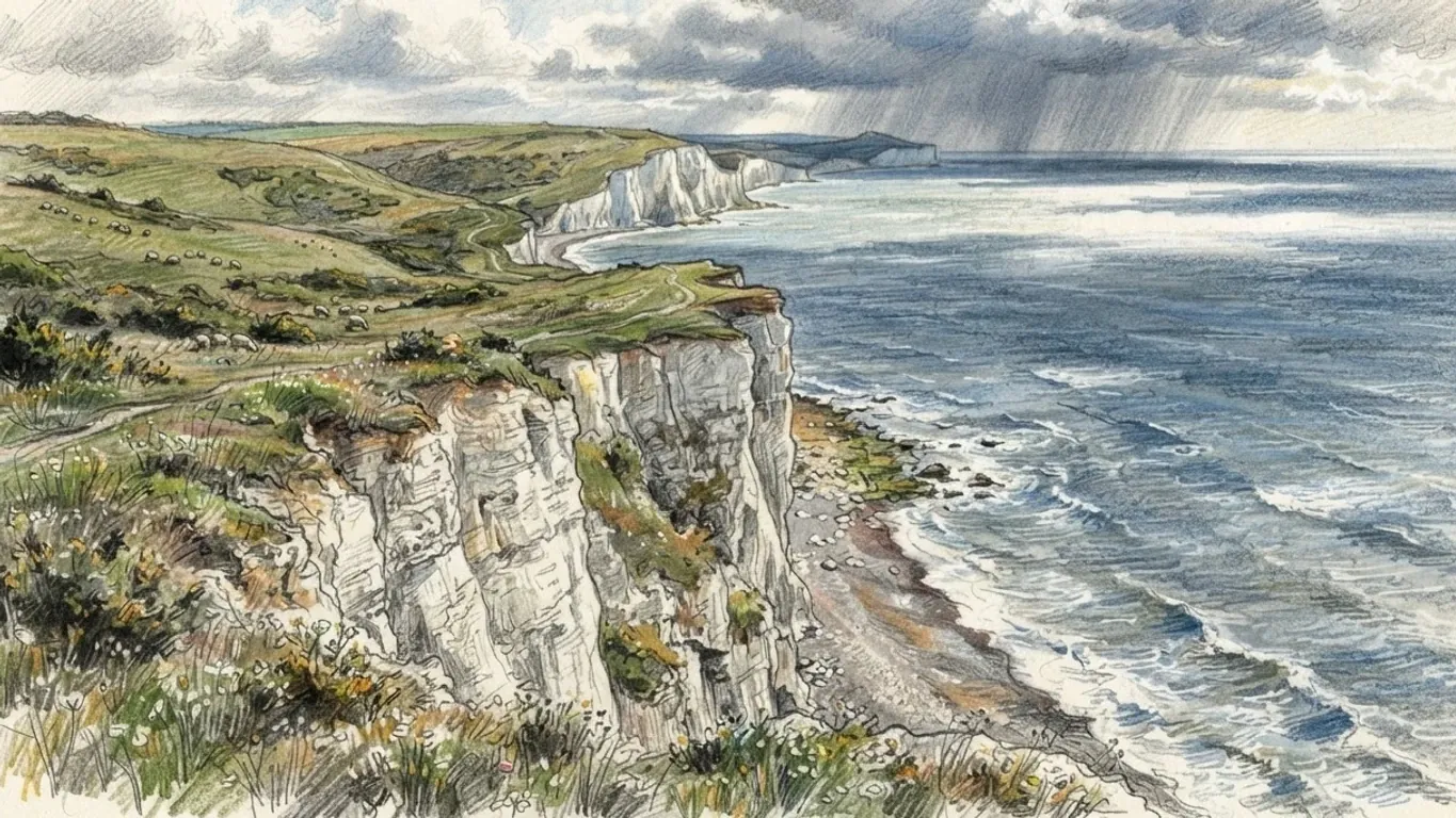 A coloured pencil drawing from a cliff top along a coast of white chalk cliffs, green downland above them and rain clouds moving over the sea.