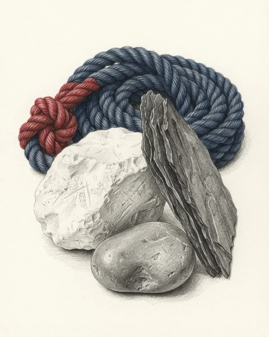 A graphite still life: a lump of white chalk, a split slab of dark slate and a sea-worn pebble in front of a coil of blue ship's rope ending in a red knot.
