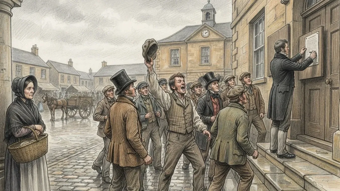 A coloured pencil drawing of an English market town in 1832: a clerk pins a notice by the town hall door while a crowd in working clothes and top hats presses forward, one man cheering with his cap raised.