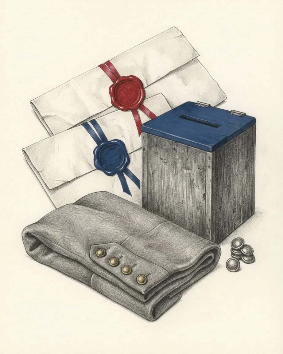 A graphite still life: two folded parchments closed with one red and one blue wax seal, a wooden ballot box with a blue lid and a folded greatcoat sleeve with brass buttons.