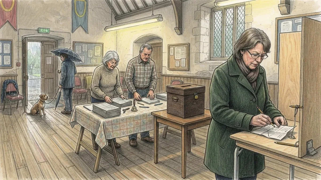 A coloured pencil drawing of a polling station in a church hall: a woman marks her ballot at a booth while two clerks check the register and a dog waits by the door.