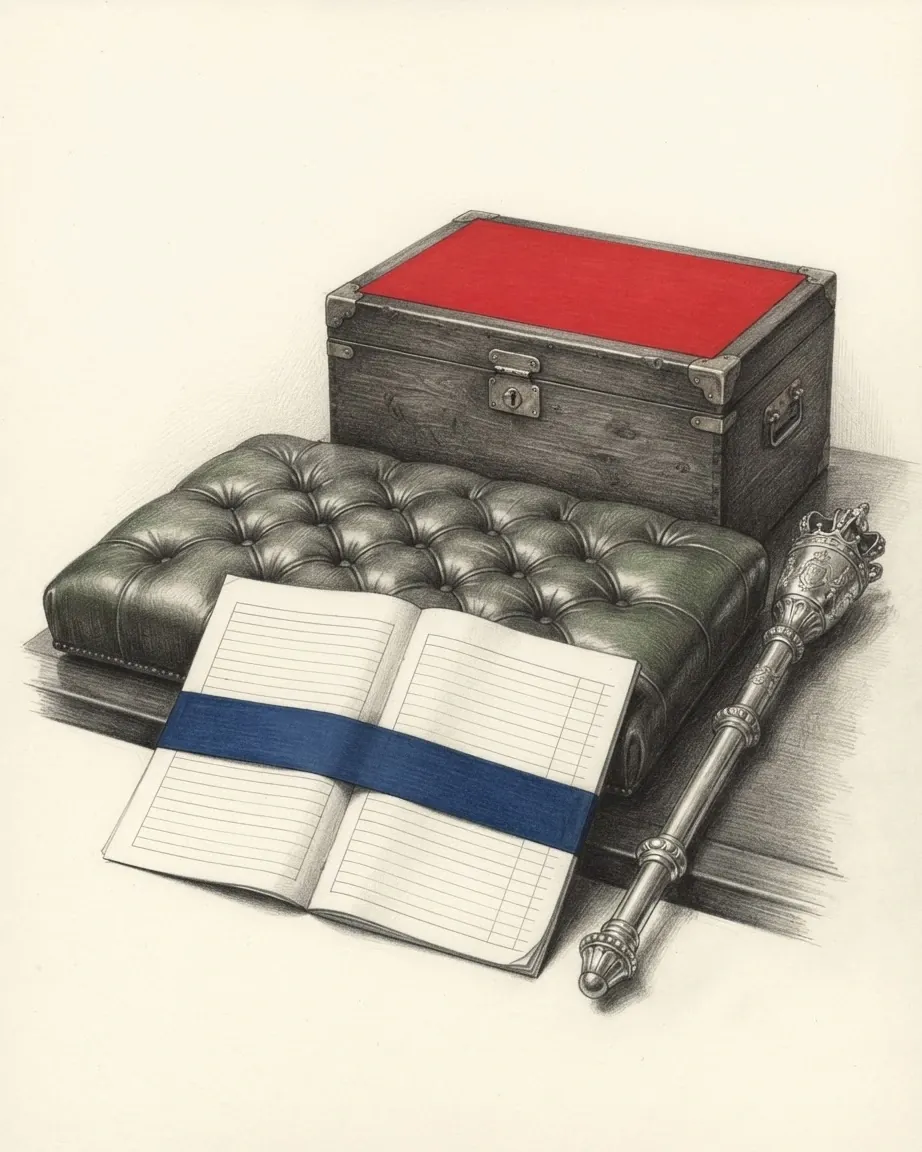 A graphite still life: a despatch box with a red lid on a buttoned green leather cushion, an open order paper banded in blue and a silver mace laid along the front.