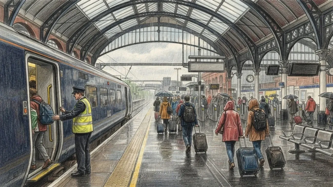 A coloured pencil drawing of travellers leaving a train at a British station under a Victorian iron-and-glass roof, a guard in a high-visibility vest by the open door.