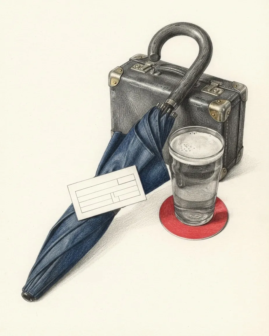 A graphite still life: a leather travelling case, a folded blue umbrella with a curved handle, a card rail ticket and a pint of beer on a red beer mat.