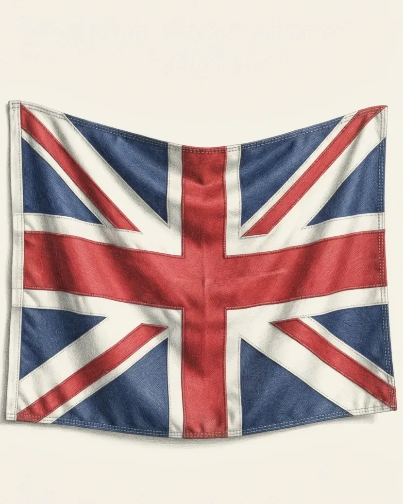 The flag of the United Kingdom drawn as a hanging cloth in coloured pencil, its corners pinned so the fabric sags in a shallow curve across the middle. The white saltires and the red cross are worked as stitched appliqué over the dark blue ground, each edge carrying a visible line of thread, and the weave of the cloth is drawn into every panel.
