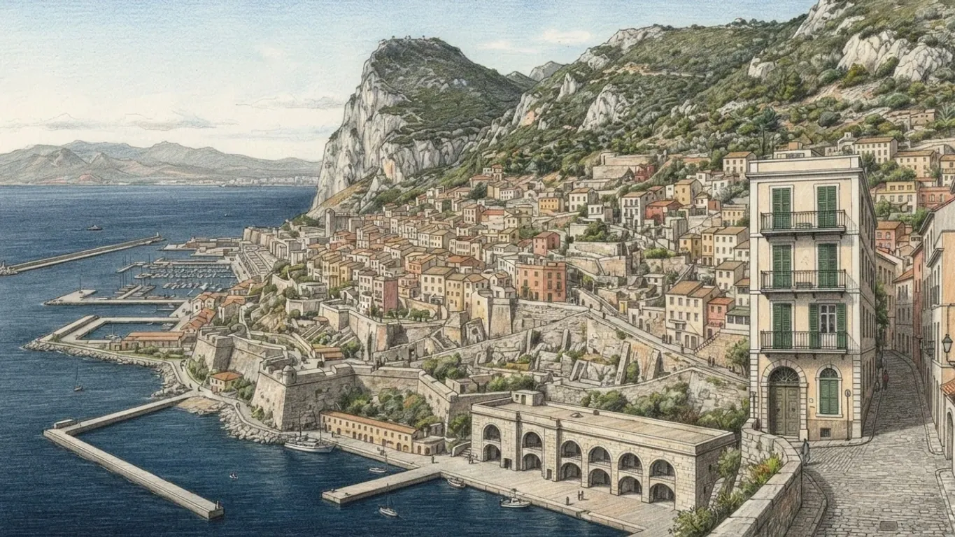 A coloured pencil drawing of Gibraltar from above the harbour: the grey limestone Rock rising over a town of pastel houses with green shutters and balconies, old fortification walls, an arcaded building by the quays and moles running out into the bay.