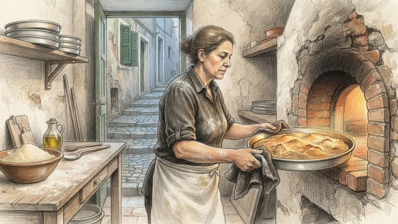 A coloured pencil drawing of a baker in a small stone bakery lifting a round tray of golden calentita from a brick oven with cloths, a bowl of chickpea flour and a jug of oil on the worktable and a stepped lane with green shutters through the door.