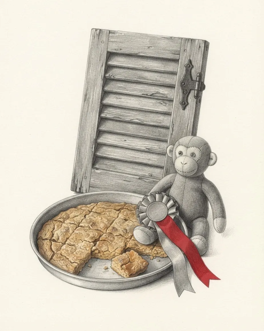 A graphite still life: a louvred wooden shutter, a round tin tray of baked chickpea flatbread cut into squares, a stuffed toy monkey, and a rosette with a red ribbon.