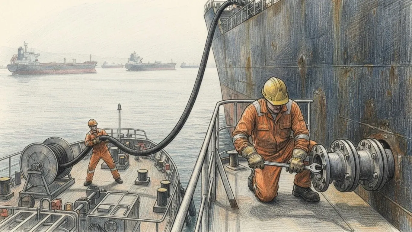 A coloured pencil drawing of bunkering in the bay: a worker in orange overalls, hard hat and gloves tightening the flanged coupling of a fuel hose against a tanker's hull with a spanner, another hauling the hose from a reel on the bunker barge, ships at anchor behind.