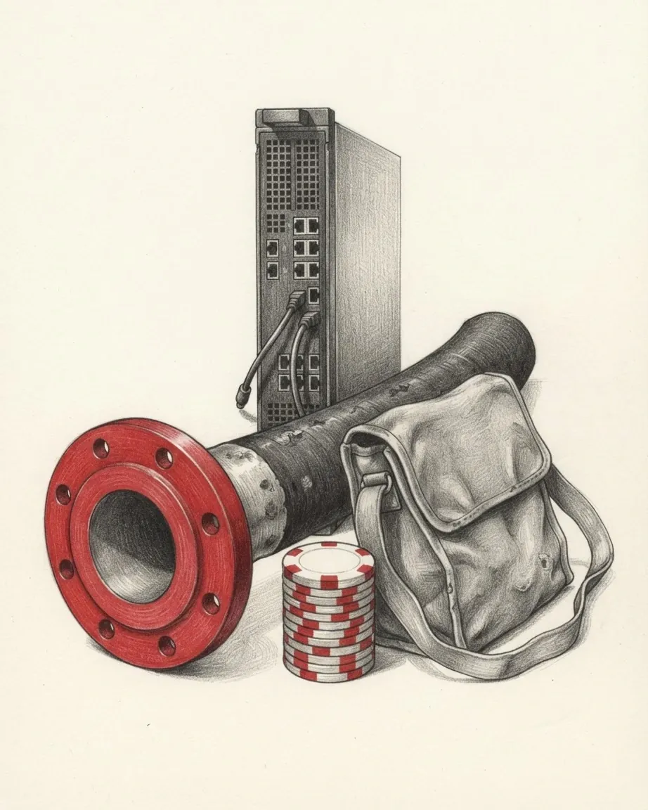 A graphite still life: a length of black fuel hose ending in a red flanged coupling, a rack server with its cables, a stack of red and white gaming chips, and a canvas shoulder bag.