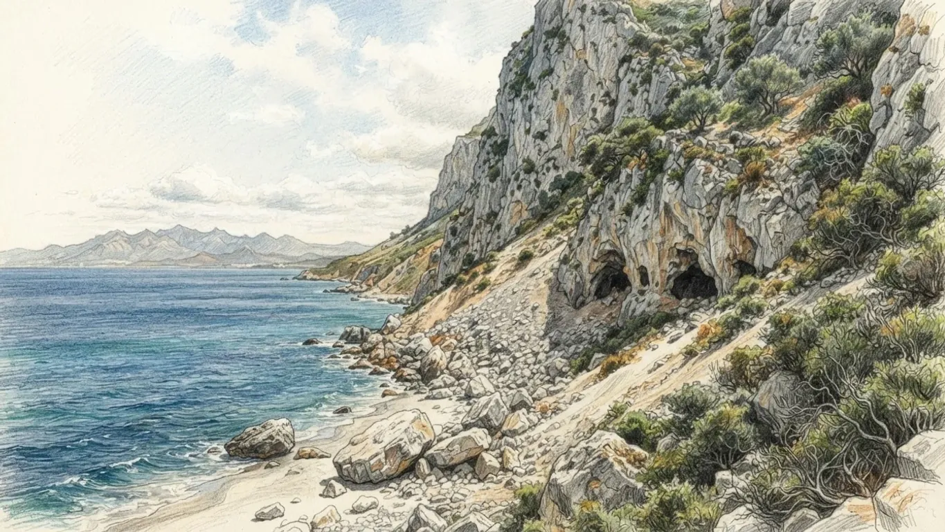 A coloured pencil drawing of the foot of the Rock's limestone cliffs, caves opening in the face above a scree slope of fallen boulders and scrub running down to a pebble shore, with mountains across the water.