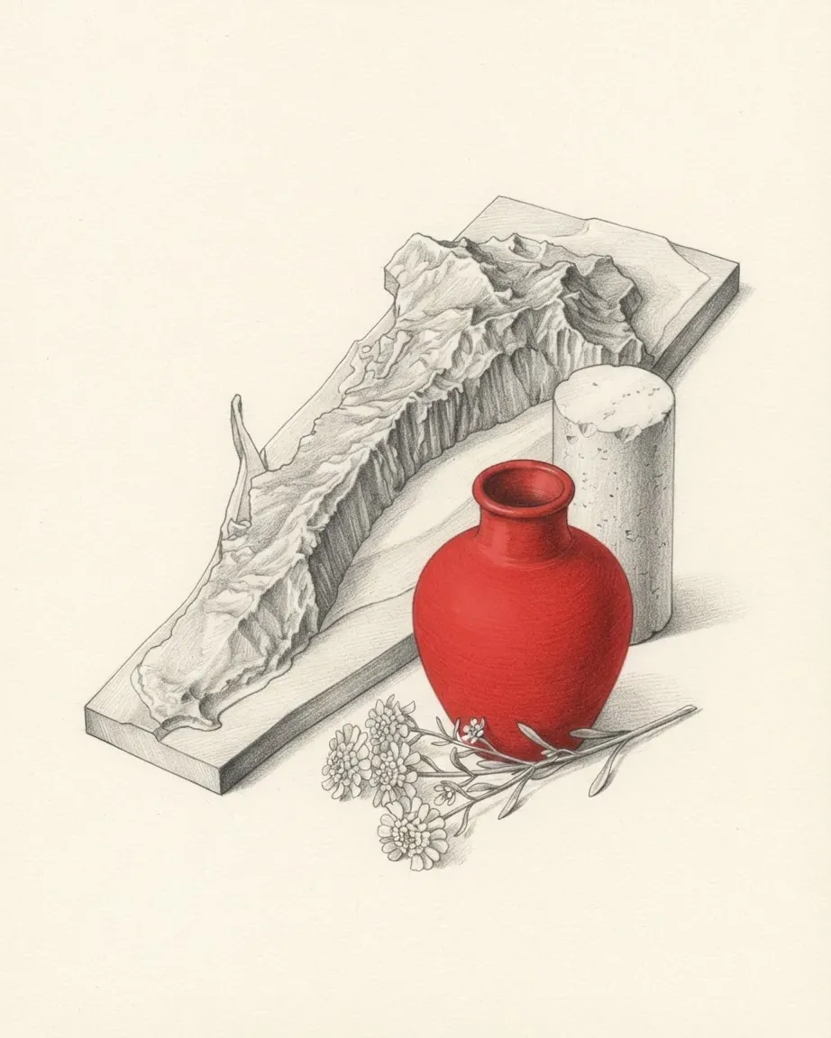 A graphite still life: a relief model of the Rock of Gibraltar on a slab, its sheer eastern face towards the viewer, a pale core of limestone, a red earthenware vase and a sprig of small white flowers.