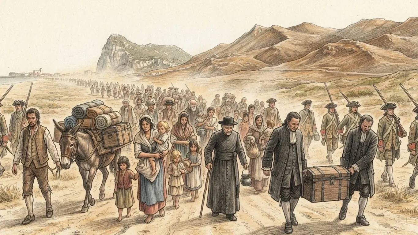 A coloured pencil drawing of townspeople leaving Gibraltar across the sandy isthmus in the eighteenth century, families, a priest and men carrying a chest walking beside a laden mule, soldiers in tricorn hats with muskets along the column and the Rock behind.