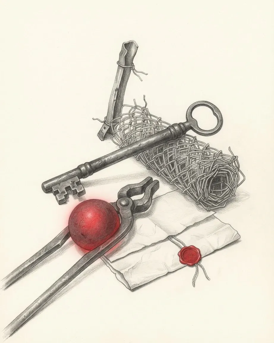 A graphite still life: a large iron key, a roll of wire netting and a broken wooden stake, a sealed paper with a red wax seal, and a glowing red cannonball held in iron tongs.