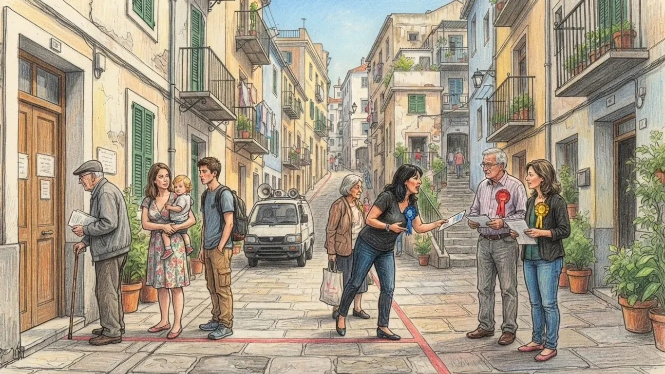 A coloured pencil drawing of canvassers in rosettes talking to residents on a narrow stepped street of tall shuttered houses, handing out leaflets, a small van with a loudspeaker parked behind them.