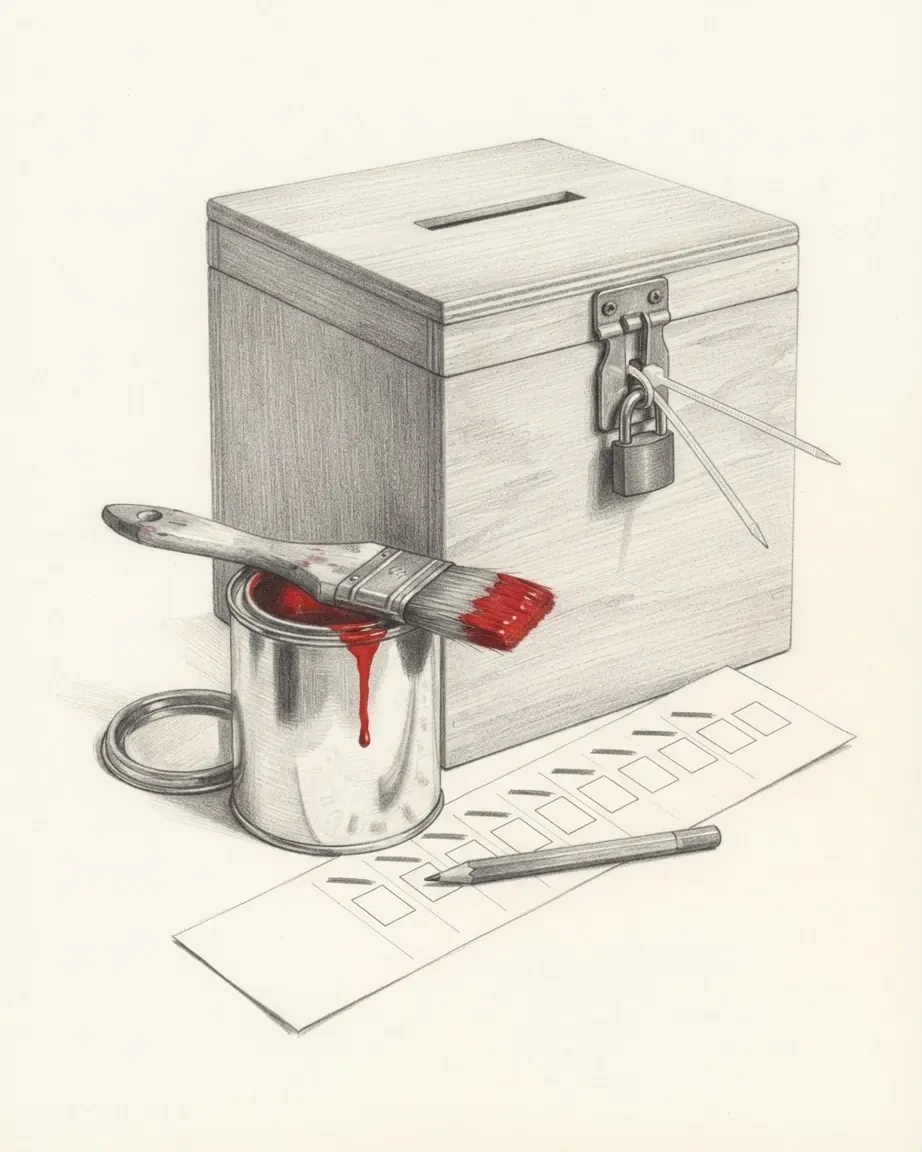 A graphite still life: a padlocked wooden ballot box with a cable seal, a tin of red paint with a brush laid across it, and a long ballot paper with a pencil.